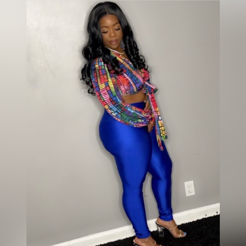 Multi color top with royal blue bottoms